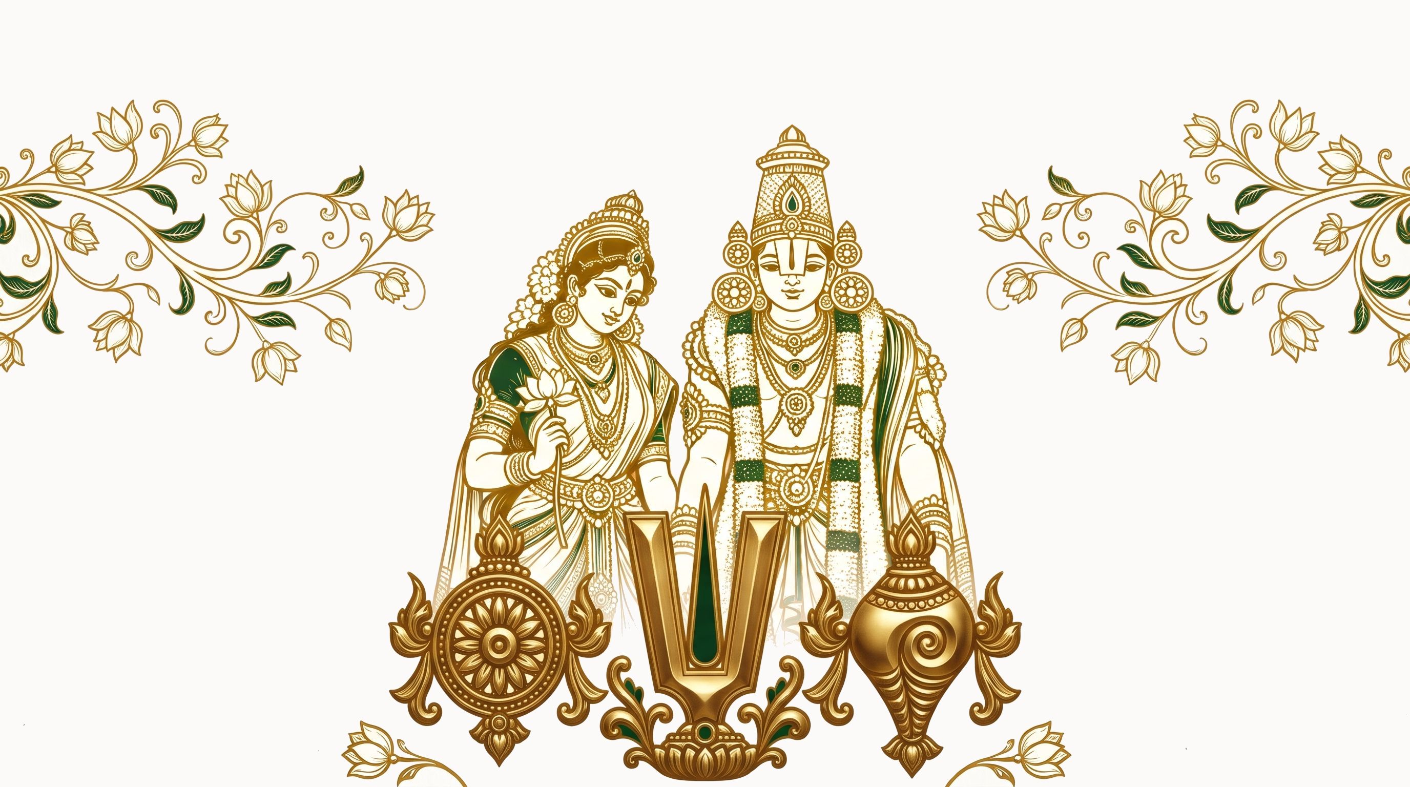 Gold and emerald illustration of Balaji and Padma with lotus ornaments